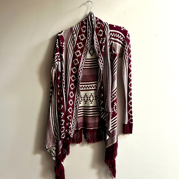 Sweaters - Women’s Size Small Navajo Sweater Jacket High Low Burgundy/Beige w/Fringes